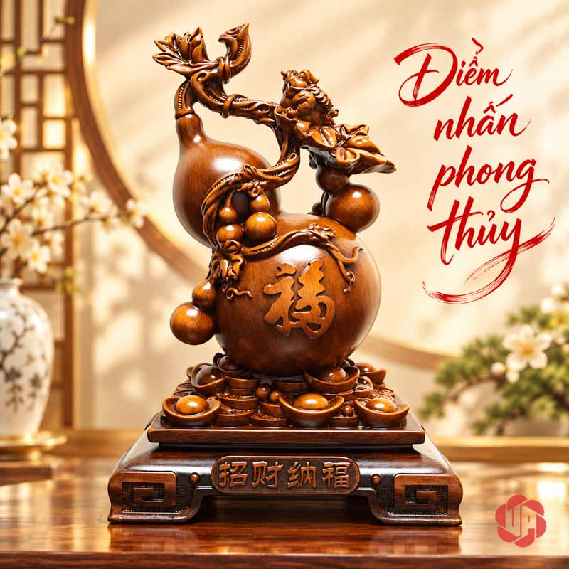 Hồ Lô Phong Thủy Phúc Lộc Màu Nâu Gỗ UP076V Hồ lô phong thủy nhìn chính diện với phần đế họa tiết