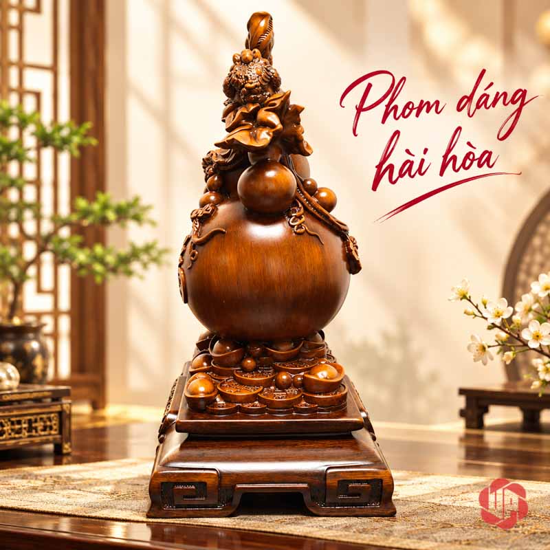 Hồ Lô Phong Thủy Phúc Lộc Màu Nâu Gỗ UP076V Hồ lô phong thủy nhìn nghiêng với các quả xếp tầng