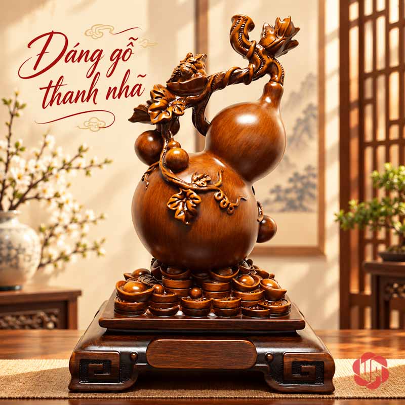 Hồ Lô Phong Thủy Phúc Lộc Màu Nâu Gỗ UP076V Hồ lô phong thủy nhìn từ phía sau với dây lá ôm thân