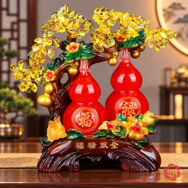 Đôi hồ lô đỏ Phúc Lộc dưới tán vàng trên đế nâu