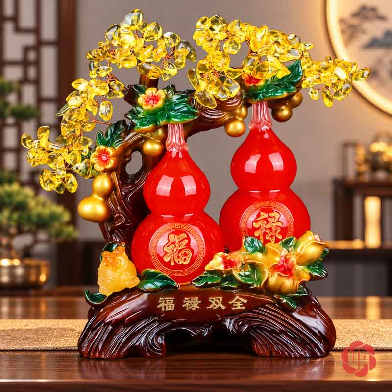 Hồ Lô Phong Thủy Phúc Lộc Song Toàn UP060A Đôi hồ lô đỏ Phúc Lộc dưới tán vàng trên đế nâu
