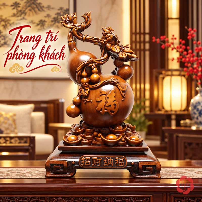 Hồ Lô Phong Thủy Phúc Lộc Màu Nâu Gỗ UP076V Hồ lô phong thủy trên bàn gỗ trong phòng khách