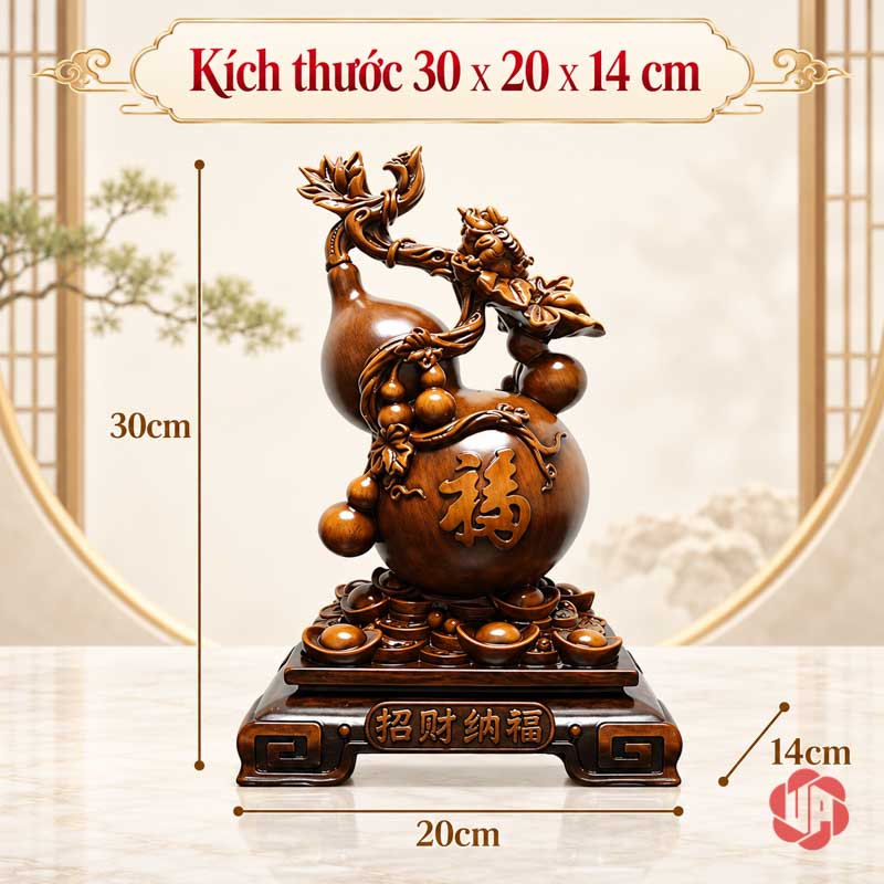 Hồ Lô Phong Thủy Phúc Lộc Màu Nâu Gỗ UP076V Hồ lô phong thủy với kích thước rộng sâu và cao minh họa