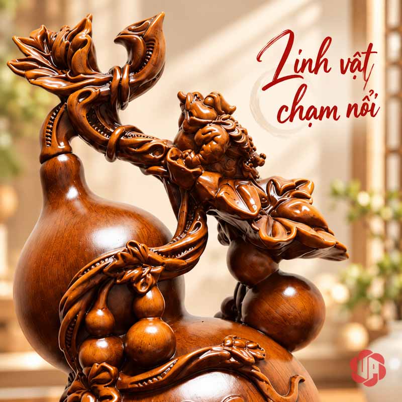 Hồ Lô Phong Thủy Phúc Lộc Màu Nâu Gỗ UP076V Hồ lô phong thủy với thiềm thừ và dây lá ở phần trên