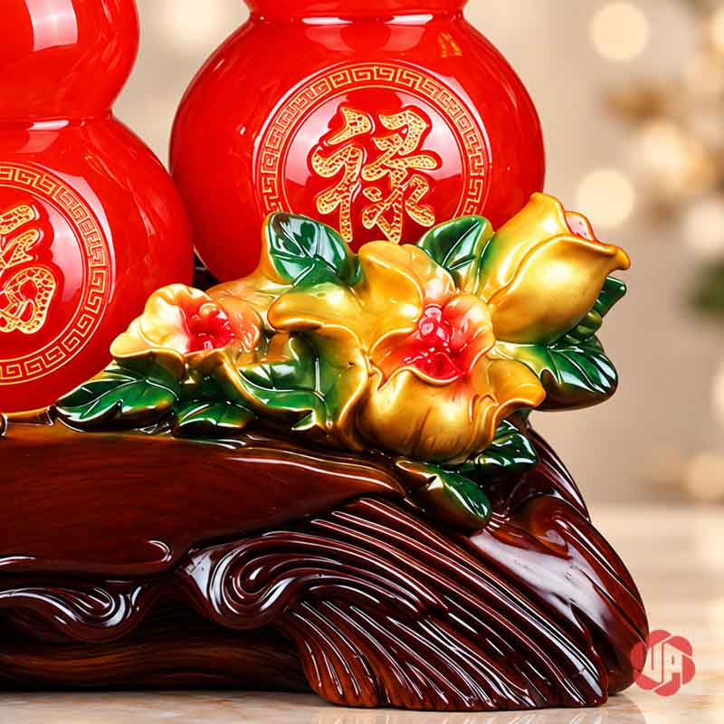 Hồ Lô Phong Thủy Phúc Lộc Song Toàn UP060A Cận hồ lô đỏ và cụm hoa vàng phía trước
