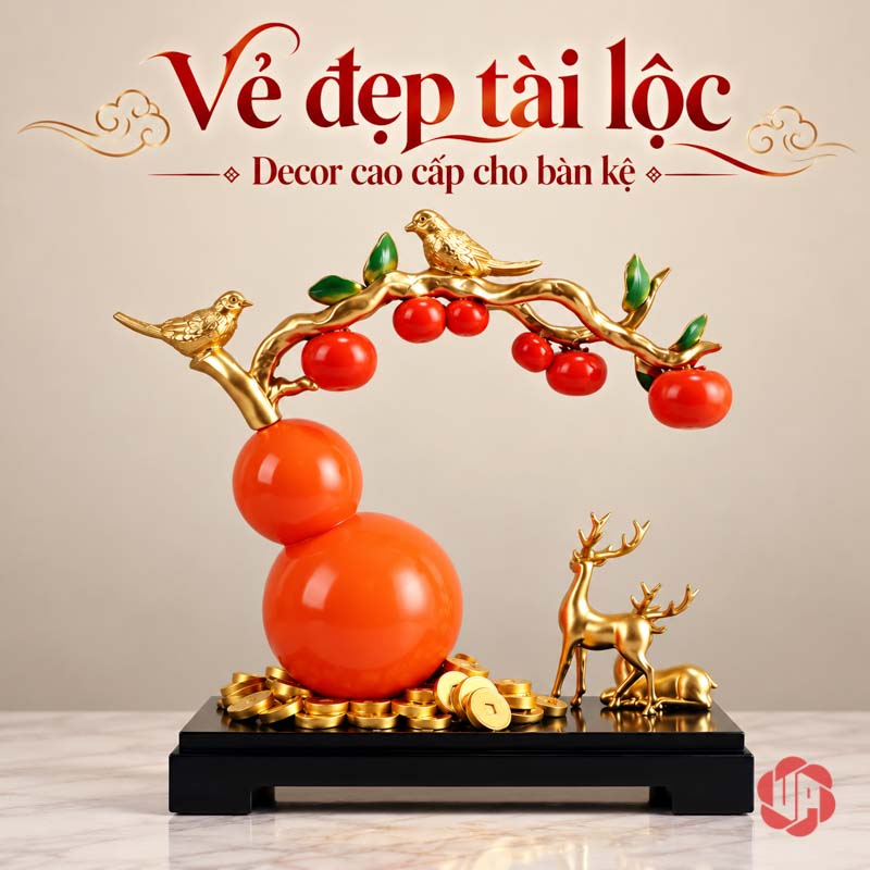 Hồ Lô Phong Thủy Hươu Và Chim Cành Hồng UP058 Hồ lô đỏ cam và đôi hươu trên mặt bàn vân đá