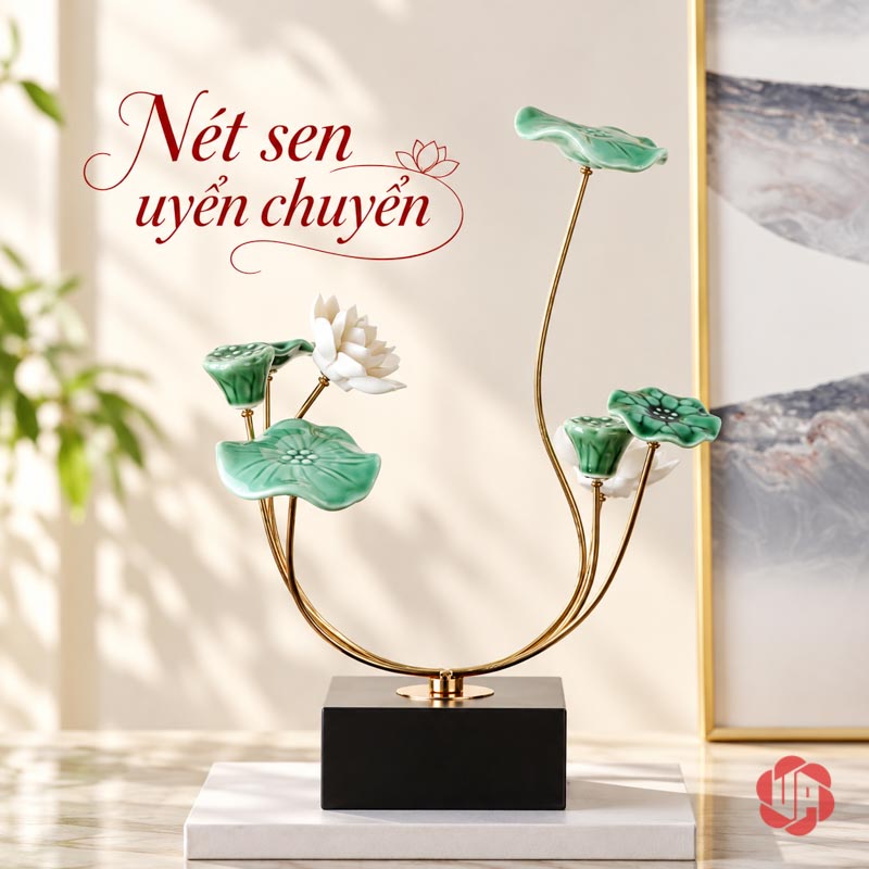 Hoa Sen Trang Trí Gốm Sứ Và Hợp Kim UP019 Hoa sen trang trí dáng cong trên mặt bàn vân sáng