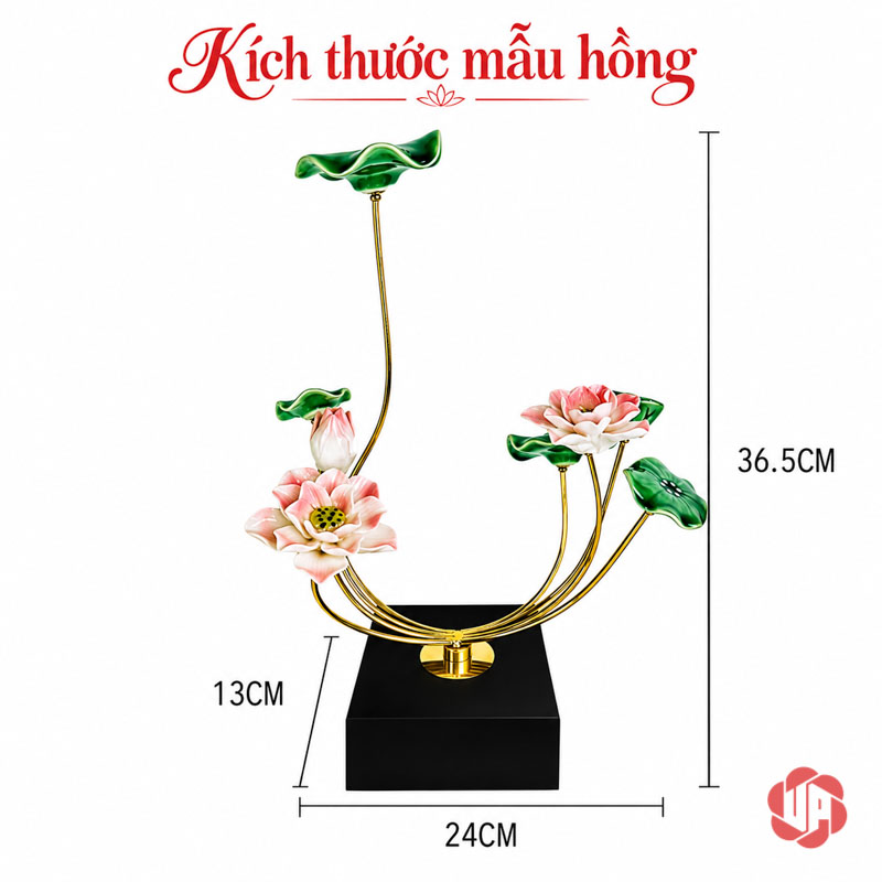 Hoa Sen Trang Trí Gốm Sứ Và Hợp Kim UP019 Hoa sen trang trí hồng dáng cong kèm sơ đồ số đo