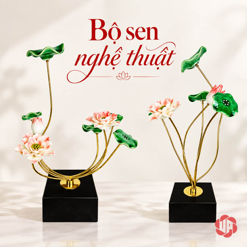 Hoa Sen Trang Trí Gốm Sứ Và Hợp Kim UP019 Hoa sen trang trí hồng gồm dáng cong và dáng vươn cao