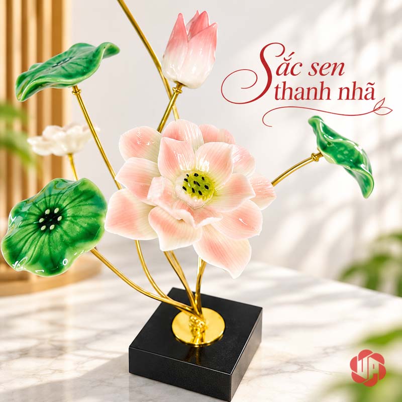 Hoa Sen Trang Trí Gốm Sứ Và Hợp Kim UP019 Hoa sen trang trí hồng nhìn nghiêng với hoa nở và nụ