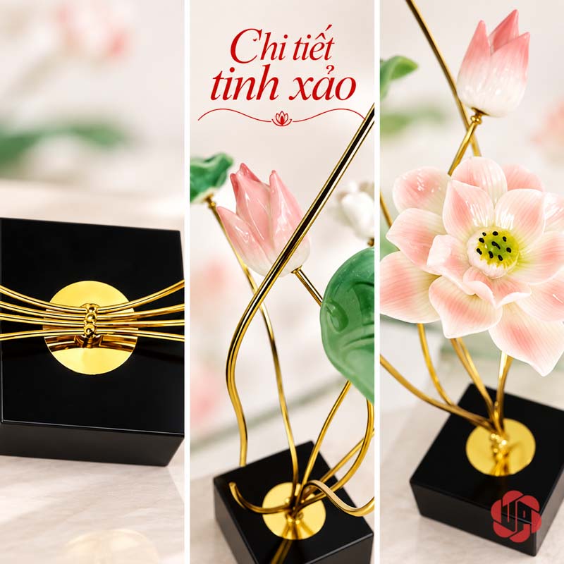 Hoa Sen Trang Trí Gốm Sứ Và Hợp Kim UP019 Hoa sen trang trí hồng với chi tiết thân nụ và bông