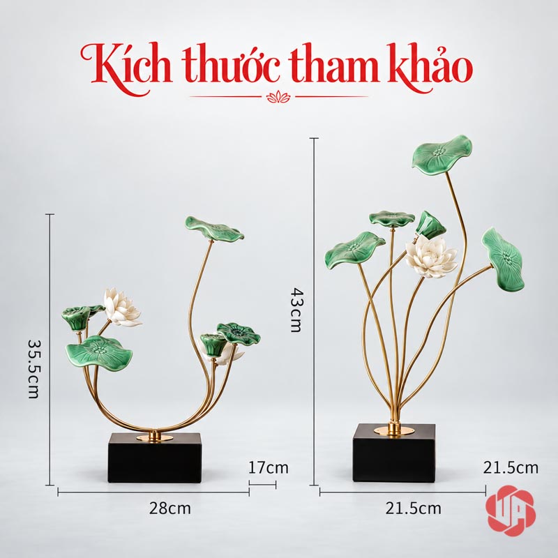 Hoa Sen Trang Trí Gốm Sứ Và Hợp Kim UP019 Hoa sen trang trí sơ đồ kích thước hai dáng hoa trắng