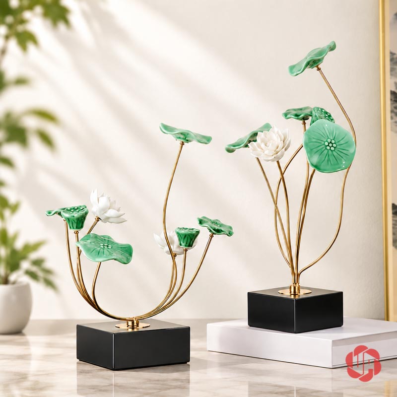 Hoa Sen Trang Trí Gốm Sứ Và Hợp Kim UP019 Hoa sen trang trí trắng bày cạnh cây xanh trên bàn