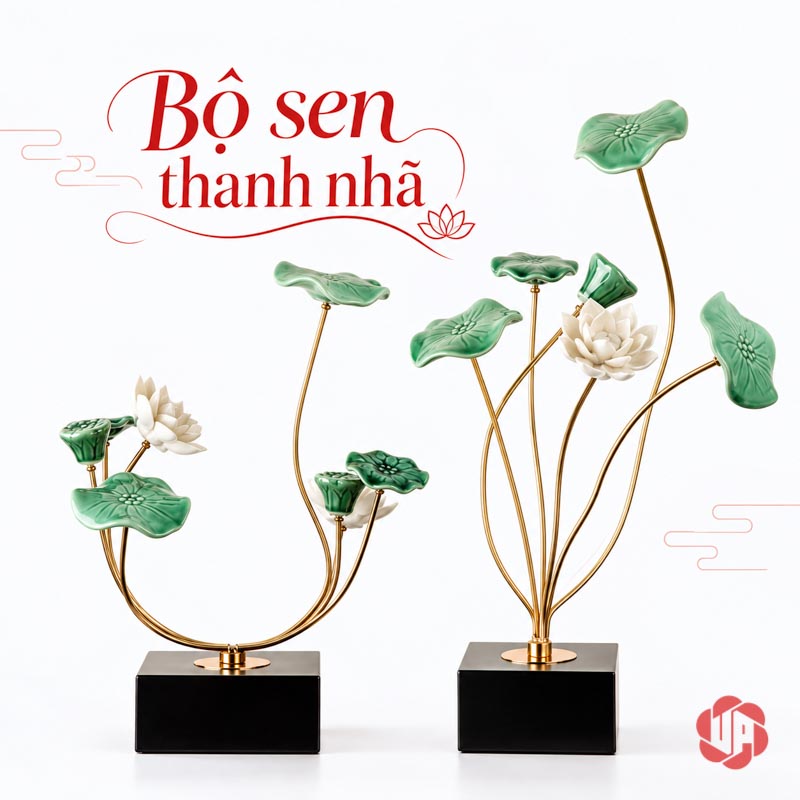 Hoa Sen Trang Trí Gốm Sứ Và Hợp Kim UP019 Hoa sen trang trí trắng hai dáng trên nền sáng