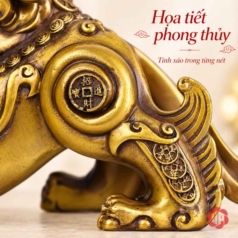 Cặp Tượng Tỳ Hưu Phong Thủy Bằng Đồng UPD002 Cận cảnh họa tiết đồng tiền tròn ở hông và hoa văn chân sau tượng tỳ hưu bằng đồng