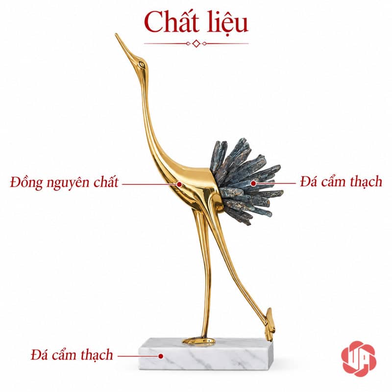 Đồ Trang Trí Phòng, Tượng Chim Hồng Hạc Bằng Đồng UPD069 Ảnh chú thích thân đồng, đuôi và chân đế đá cẩm thạch của hồng hạc
