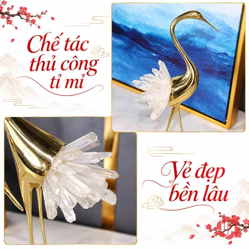 Đồ Trang Trí Phòng, Tượng Chim Hồng Hạc Bằng Đồng UPD069 Ảnh tổng thể hồng hạc kết hợp góc cận phần đuôi sáng màu
