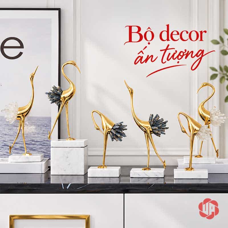 Đồ Trang Trí Phòng, Tượng Chim Hồng Hạc Bằng Đồng UPD069 Nhiều tượng hồng hạc phối các dáng và màu đuôi trên cùng một mặt tủ