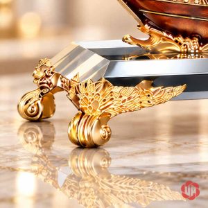 Hộp bút để bàn thuyền buồm cận cảnh chân đế màu vàng có họa tiết nổi