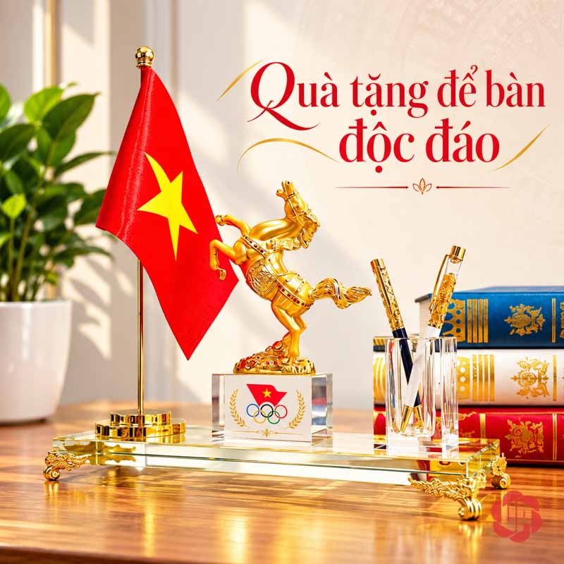 Hộp Đựng Bút Để Bàn Ngựa Mã Đáo Thành Công UP057 Hộp đựng bút để bàn với biểu trưng trên khối kê ngựa