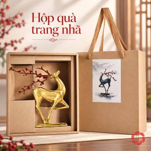 Hươu đồng tài lộc màu vàng trong hộp cùng túi quà