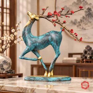 Hươu đồng tài lộc màu xanh trang trí bàn đá phòng khách