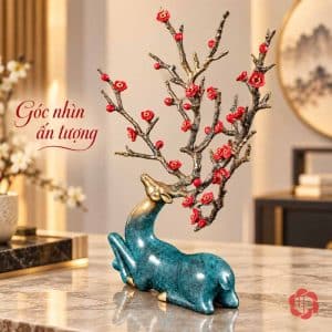Hươu nằm nhìn chếch với phần thân xanh và tán hoa đỏ nhiều lớp