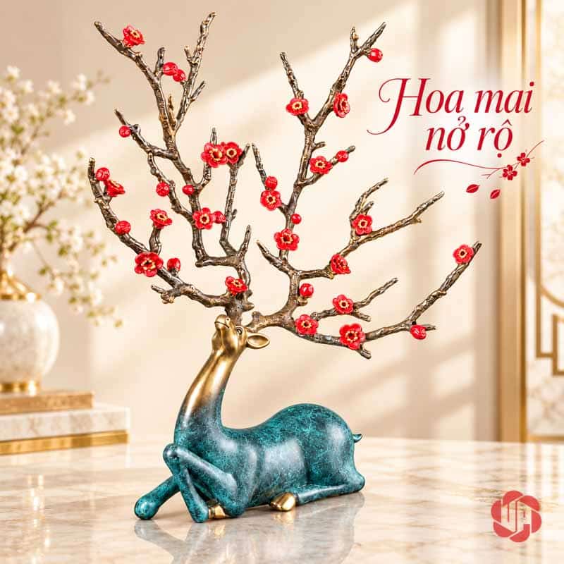Tượng Hươu Bằng Đồng Tài Lộc, Dáng Nằm Hoa Đỏ UPD070 Hươu thân xanh với tán sừng rộng, điểm hoa và nụ đỏ