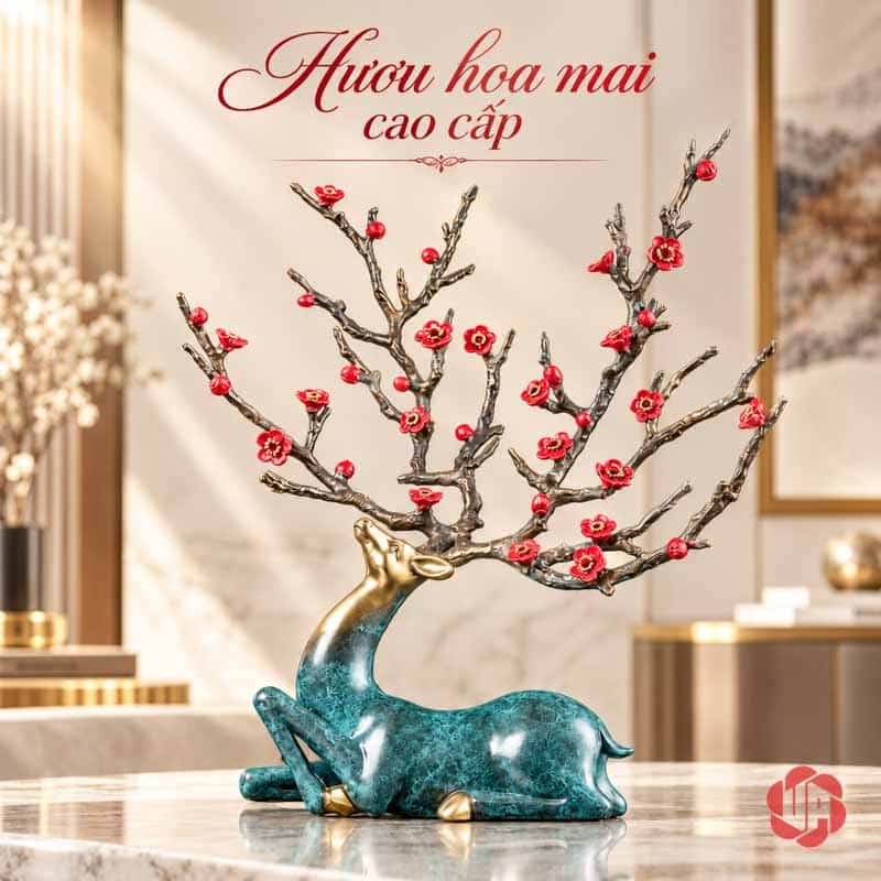 Tượng Hươu Bằng Đồng Tài Lộc, Dáng Nằm Hoa Đỏ UPD070 Tượng hươu nằm thân xanh, đầu vàng, tán sừng có nhiều hoa đỏ