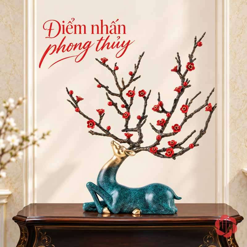 Tượng Hươu Bằng Đồng Tài Lộc, Dáng Nằm Hoa Đỏ UPD070 Tượng hươu hoa đỏ đặt trên mặt tủ gỗ trầm