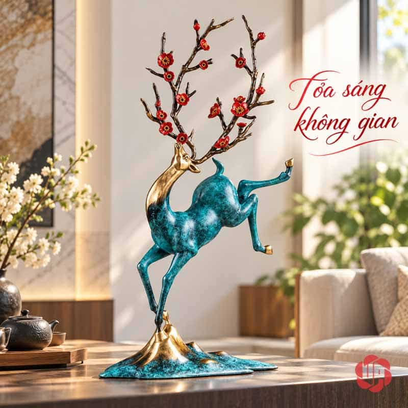 Tượng Hươu Nghệ Thuật Bằng Đồng, Dáng Vươn Hoa Đỏ UPD071 Hươu xanh hoa đỏ bày trên mặt bàn cạnh sofa và cửa sổ sáng