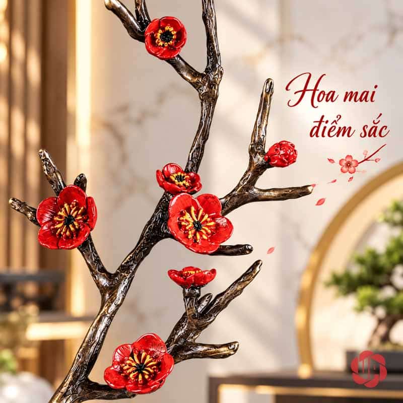 Tượng Hươu Nghệ Thuật Bằng Đồng, Dáng Vươn Hoa Đỏ UPD071 Cận các bông hoa đỏ nhụy vàng trên nhánh sừng sẫm màu