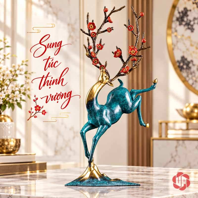 Tượng Hươu Nghệ Thuật Bằng Đồng, Dáng Vươn Hoa Đỏ UPD071 Tượng hươu xanh dáng vươn, chân nâng và sừng hoa đỏ trên bàn sáng