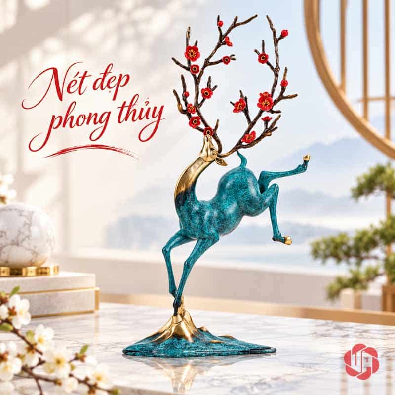 Tượng Hươu Nghệ Thuật Bằng Đồng, Dáng Vươn Hoa Đỏ UPD071 Tượng hươu đồng dáng vươn bày trên mặt bàn đá sáng