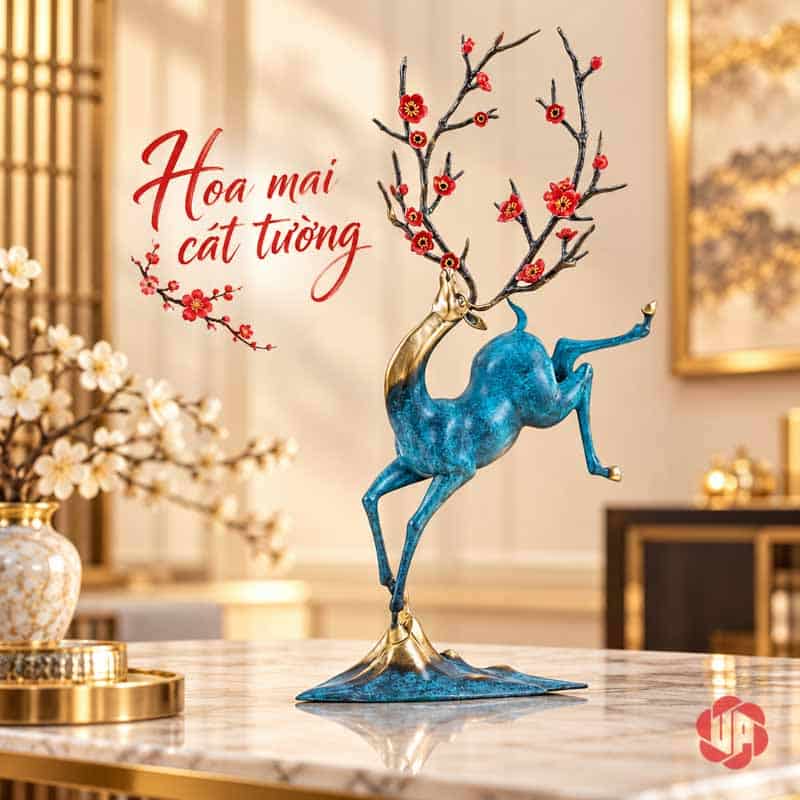 Tượng Hươu Nghệ Thuật Bằng Đồng, Dáng Vươn Hoa Đỏ UPD071 Hươu xanh dáng vươn với hoa đỏ điểm trên các nhánh sừng