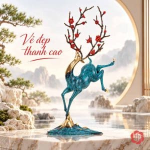 Tượng hươu hoa đỏ trong phối cảnh có đá, cây và nền phong cảnh