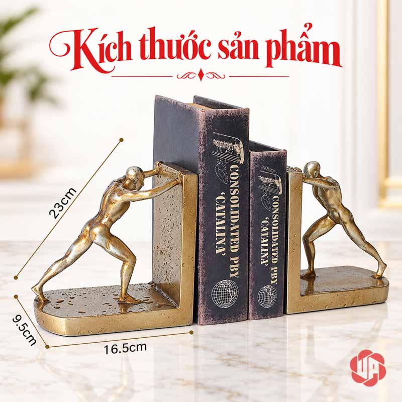 Kệ Chặn Sách Trang Trí Lực Sỹ UP035 Kệ chặn sách Lực Sỹ trong ảnh minh họa các đường đo kích thước
