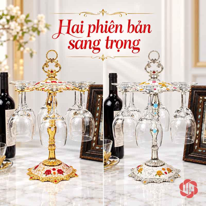 Kệ Treo Ly Rượu Vang Châu Âu Họa Tiết Hoa UP034L Hai kệ ly phối bạc và vàng đặt cạnh nhau