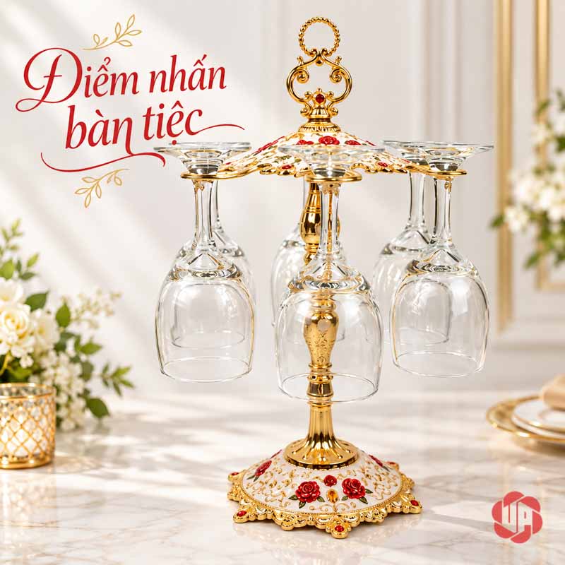 Kệ Treo Ly Rượu Vang Châu Âu Họa Tiết Hoa UP034L Kệ ly vàng có họa tiết hoa trên bàn trước rèm sáng