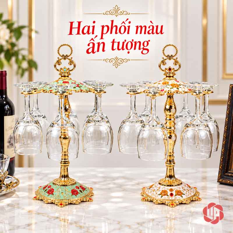Kệ Treo Ly Rượu Vang Châu Âu Họa Tiết Hoa UP034L Kệ xanh ngọc và kệ nền trắng cùng phối vàng