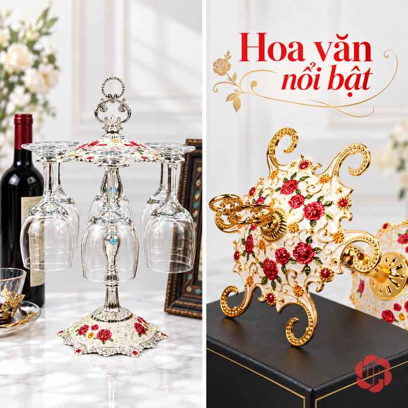 Kệ Treo Ly Rượu Vang Châu Âu Họa Tiết Hoa UP034L Ảnh ghép kệ bạc và mặt giữ ly có hoa đỏ, nhánh cong