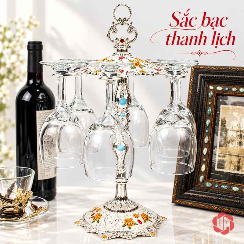 Kệ Treo Ly Rượu Vang Châu Âu Họa Tiết Hoa UP034L Kệ ly màu bạc với nền trắng trang trí hoa