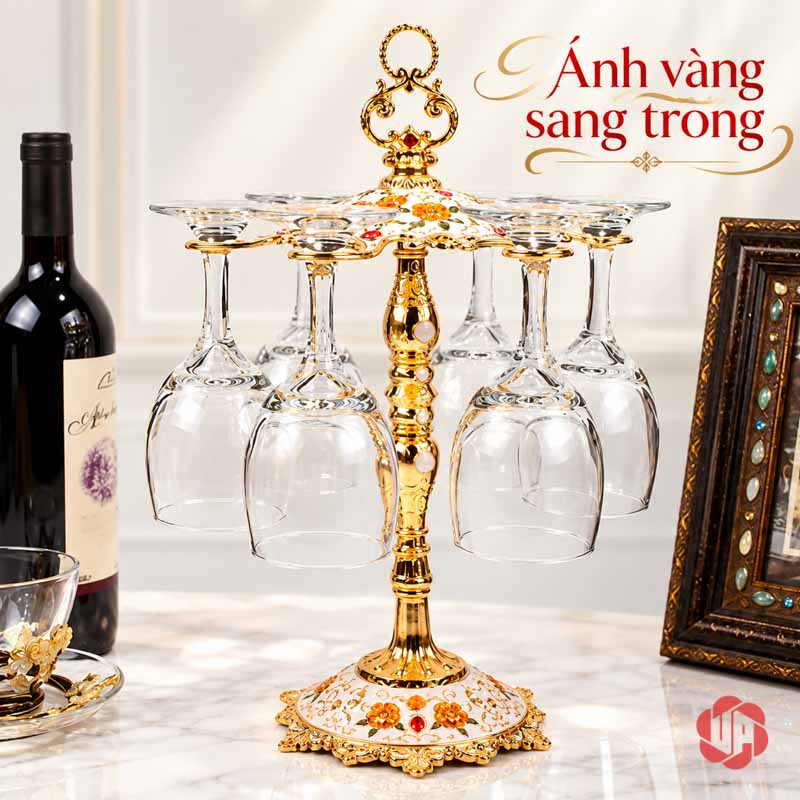 Kệ Treo Ly Rượu Vang Châu Âu Họa Tiết Hoa UP034L Kệ treo ly vàng nền trắng có hoa nhỏ