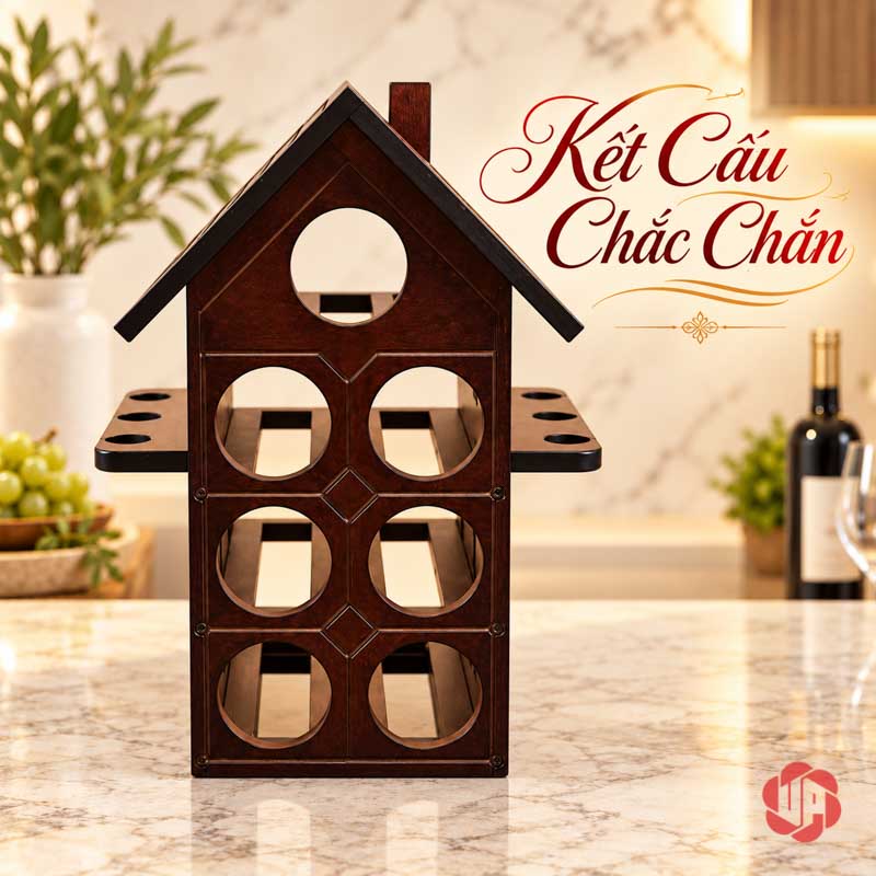 Decor Trang Trí Nhà Đẹp Kệ Rượu Ngôi Nhà UP028L Kệ gỗ nhìn chính diện với bảy ô tròn và hai cánh treo ly