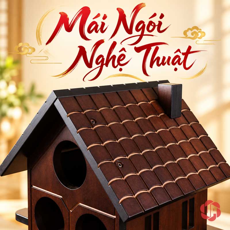 Decor Trang Trí Nhà Đẹp Kệ Rượu Ngôi Nhà UP028L Cận mái ngói và ống khói nhỏ của kệ gỗ