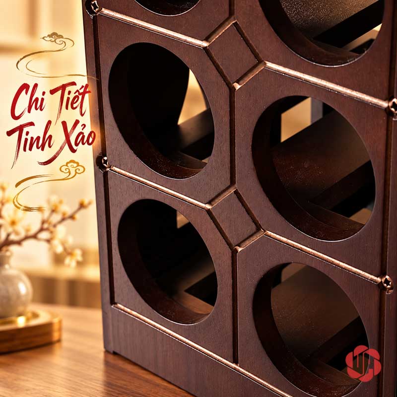 Decor Trang Trí Nhà Đẹp Kệ Rượu Ngôi Nhà UP028L Cận các ô đặt chai và đường viền trên mặt kệ