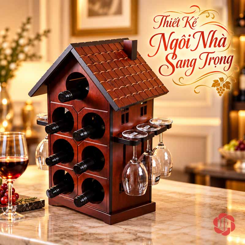 Decor Trang Trí Nhà Đẹp Kệ Rượu Ngôi Nhà UP028L Kệ gỗ có mái dốc và những ô cửa bên hông