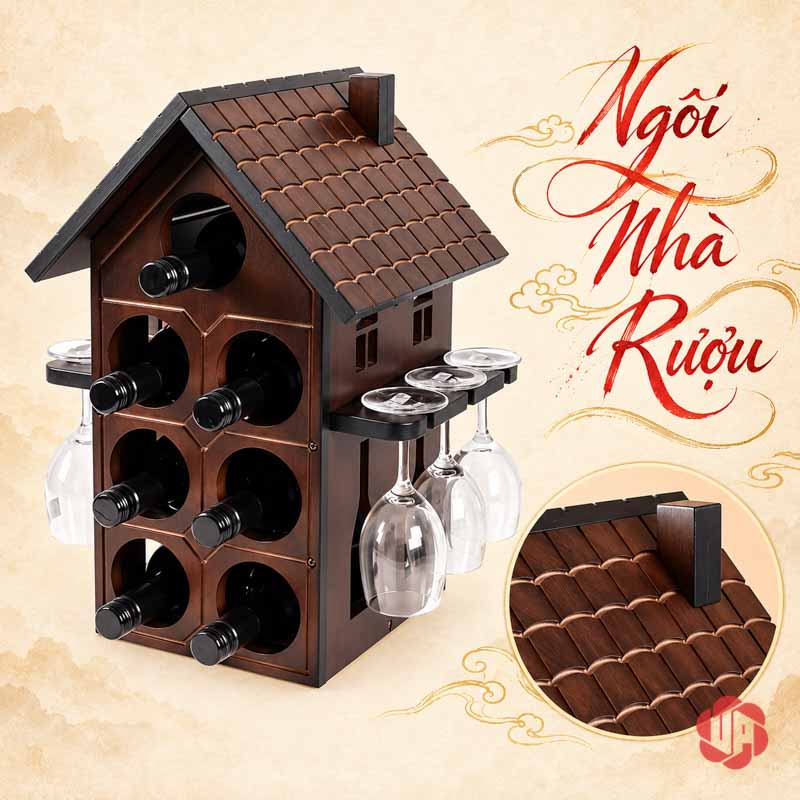 Decor Trang Trí Nhà Đẹp Kệ Rượu Ngôi Nhà UP028L Kệ gỗ và góc cận phần mái có họa tiết ngói
