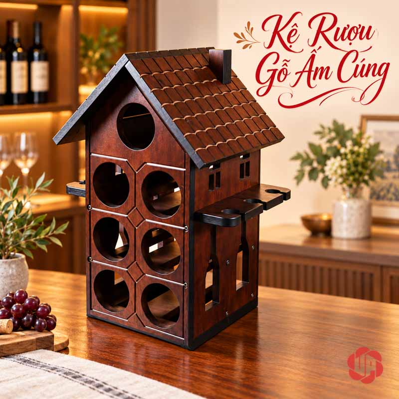 Decor Trang Trí Nhà Đẹp Kệ Rượu Ngôi Nhà UP028L Kệ ngôi nhà không có chai, thấy rõ các ô tròn