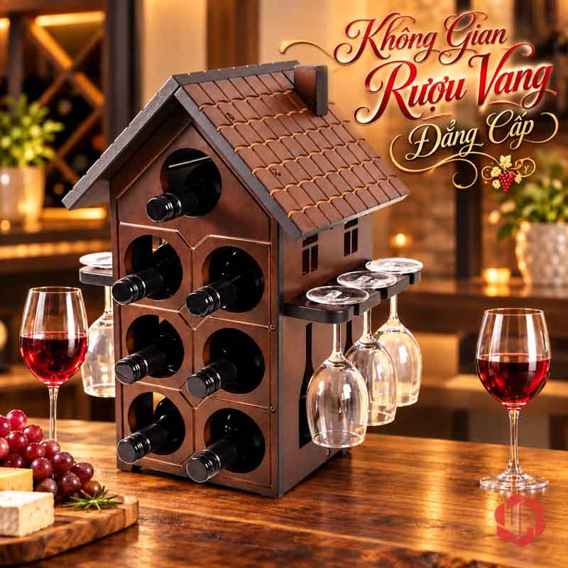 Decor Trang Trí Nhà Đẹp Kệ Rượu Ngôi Nhà UP028L Kệ ngôi nhà đặt trên bàn trước hệ tủ có đèn